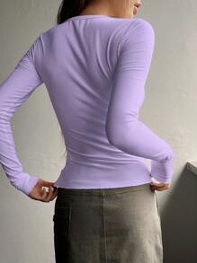 DAZY Half Button Ribbed Knit Tee,Fall Clothes,Back To School Clothes Long Sleeve Women Tops - Mauve Purple - View 2