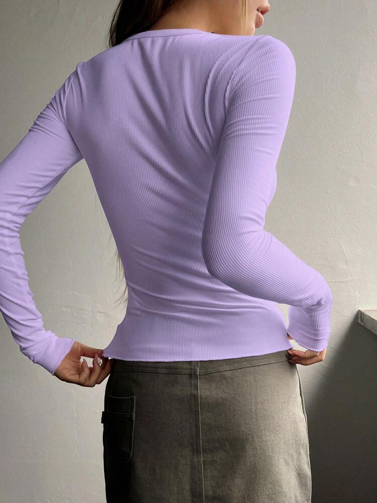 Half Button Ribbed Knit Tee,Fall Clothes,Back To School Clothes Long Sleeve Women Tops