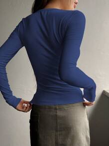 DAZY 半扣罗纹针织 T 恤，秋季服装，返校服装长袖女式上衣 - 藍色 - 查看 2