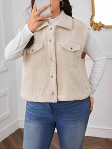 SHEIN Essnce Hơn Túi có nắp Teddy Áo khoác vest - Màu be - Xem 1