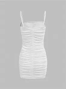 SHEIN 青少年女孩素色褶邊吊帶洋裝 - 白色 - 查看 2
