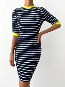 SHEIN Cottnline Striped Contrast Binding Dress - Navy Blue - View 5