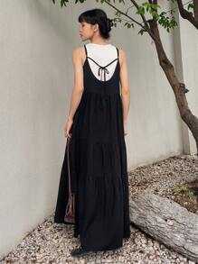 FRIFUL Buộc lại Xù Hoa Sen Váy Dây - màu đen - Xem 1