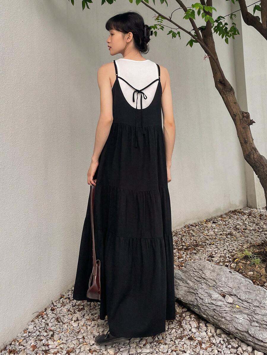 FRIFUL Buộc lại Xù Hoa Sen Váy Dây - màu đen - Xem 1