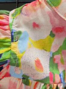 Young Girl 1Pc Flutter Sleeve Flower Printed Oil Painting Stylish Princess Dress With Sleeveless Top For Girls