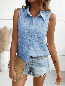 Breezaya Solid Jacquard Button Front Shirt - Blue - View 3