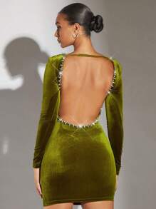 SHEIN BAE Rhinestone Detail Backless Velvet Bodycon Dress - Olive Green - View 3