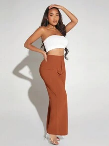 SHEIN SXY 純色高腰闊腿褲 - 亮橙色 - 查看 3