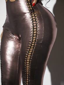 SHEIN SXY 一字肩鏤空彈力緊身連體褲 - 銅色 - 查看 6