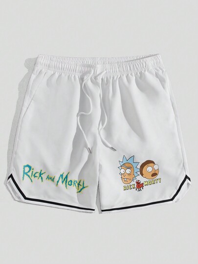 Rick and Morty | ROMWE Men Cartoon & Letter Graphic Contrast Trim Drawstring Waist Basketball Shorts, School