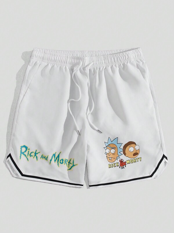 ROMWE MEN Rick and Morty | ROMWE Men Cartoon & Letter Graphic Contrast Trim Drawstring Waist Basketball Shorts, School