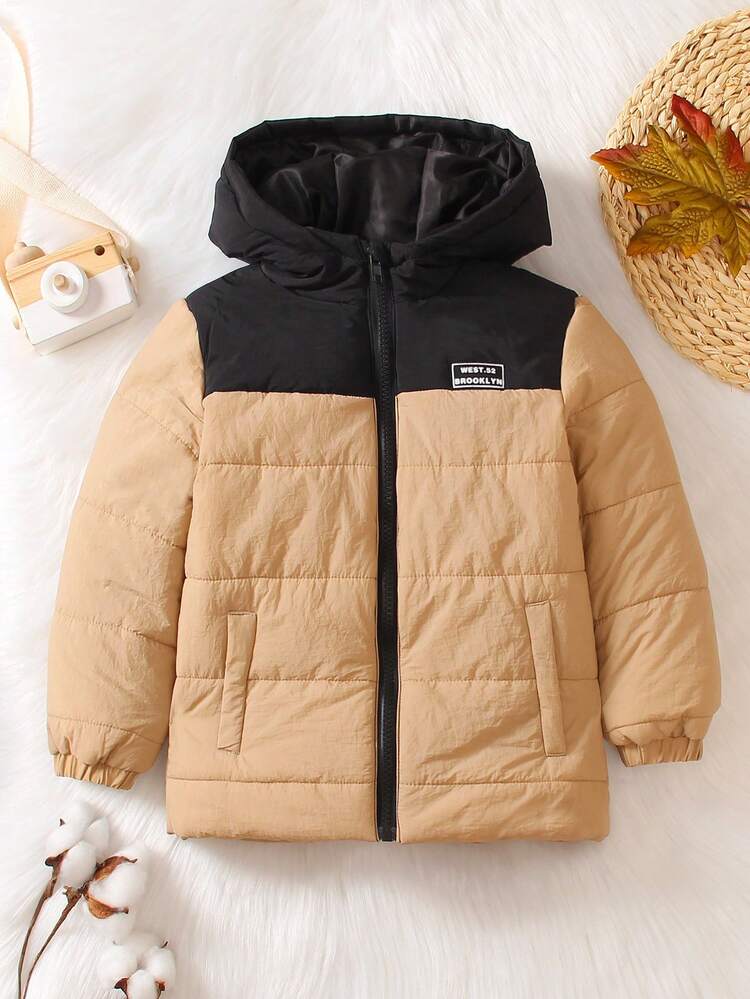 Young Boy Two Tone Letter Patched Detail Zipper Hooded Padded Coat
