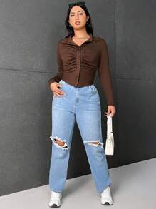 SHEIN EZwear Plus Ruched Button Front Tee - Chocolate Brown - View 5
