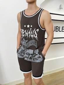 Manfinity VCAY Men Letter Graphic Contrast Trim Tank Top & Shorts - Coffee Brown - View 6