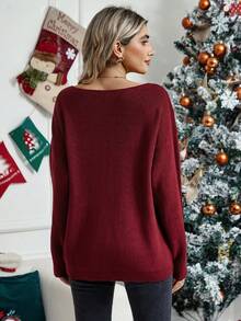 SHEIN Áo len trễ vai cổ chữ V dành cho bà bầu - Màu Đỏ Sâu - Xem 2