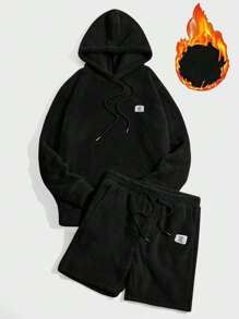 Manfinity VCAY Men Letter Patched Drawstring Teddy Hoodie & Shorts