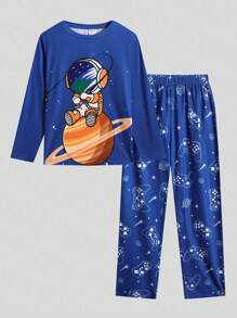 SHEIN Cậu bé Tween In Phi hành gia Bộ áo Tee & quần PJ - Màu xanh lam - Xem 1