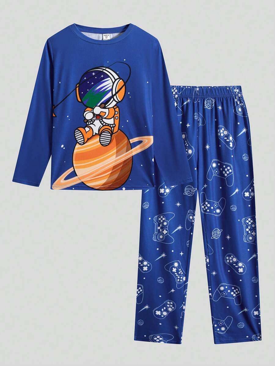 SHEIN Cậu bé Tween In Phi hành gia Bộ áo Tee & quần PJ - Màu xanh lam - Xem 1