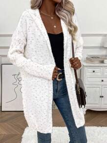 SHEIN LUNE Marled Knit Drop Shoulder Hooded Duster Cardigan - White - View 5