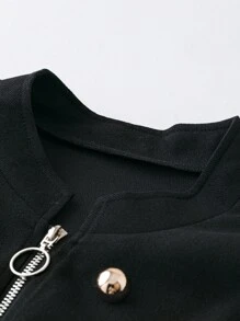 SHEIN LUNE 大碼雙排釦拉鏈開襟荷葉邊下擺外套 - 黑色 - 查看 4