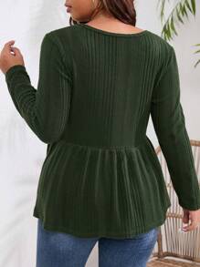 INAWLY Talla grande Camiseta con botón delantero peplum - Verde militar - Ver 2