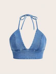 SHEIN Essnce 後背繫帶短款牛仔掛脖上衣 - 淺色水洗藍 - 查看 1