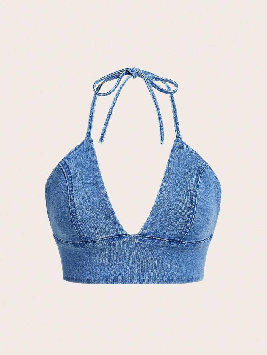 SHEIN Essnce 後背繫帶短款牛仔掛脖上衣 - 淺色水洗藍 - 查看 1