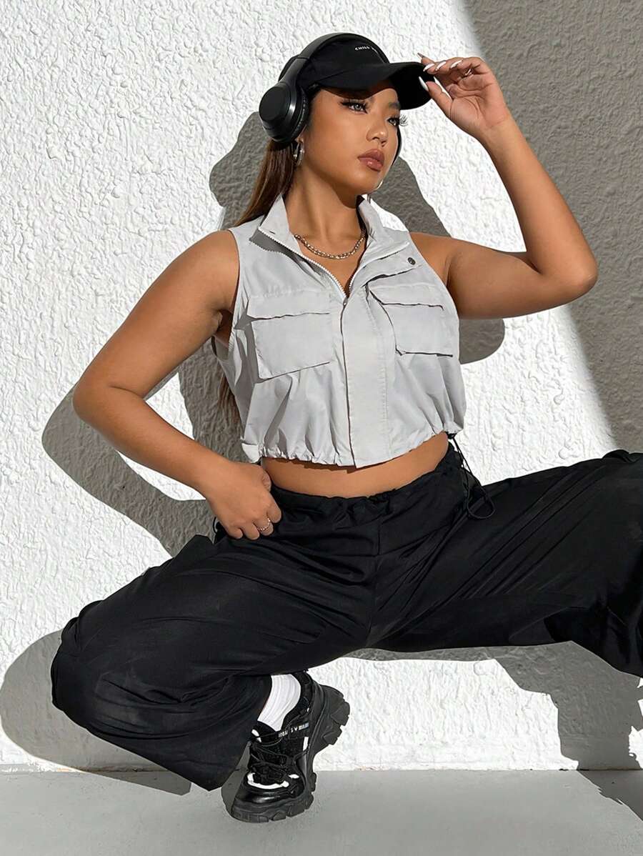 SHEIN EZwear Hơn Túi có nắp Dây kéo Mùa vụ Áo khoác vest - Màu Xám nhạt - Xem 1