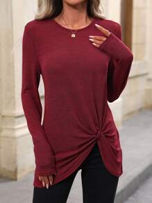 EMERY ROSE Solid Twist Hem Tee For New Year Clothes Fall Cloth For Women - Red - View 5