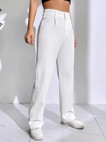 SHEIN EZwear Quần ống đứng cạp cao trơn - trắng - Xem 3