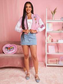THE POWERPUFF GIRLS X SHEIN 1入組卡通和字母圖案落肩袖飛行員夾克 - 淺粉色 - 查看 4