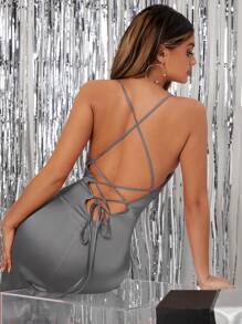 SHEIN SXY Đầm Lộ Lưng Buộc lại Ren lên Tách cao màu trơn Buổi tiệc - Xám - Xem 2