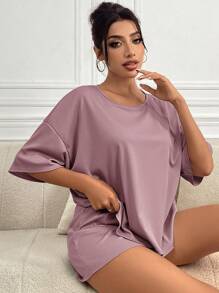 Áo thun Thả vai & Tie Trước Quần short Bộ giản dị - Bụi hồng - Xem 6