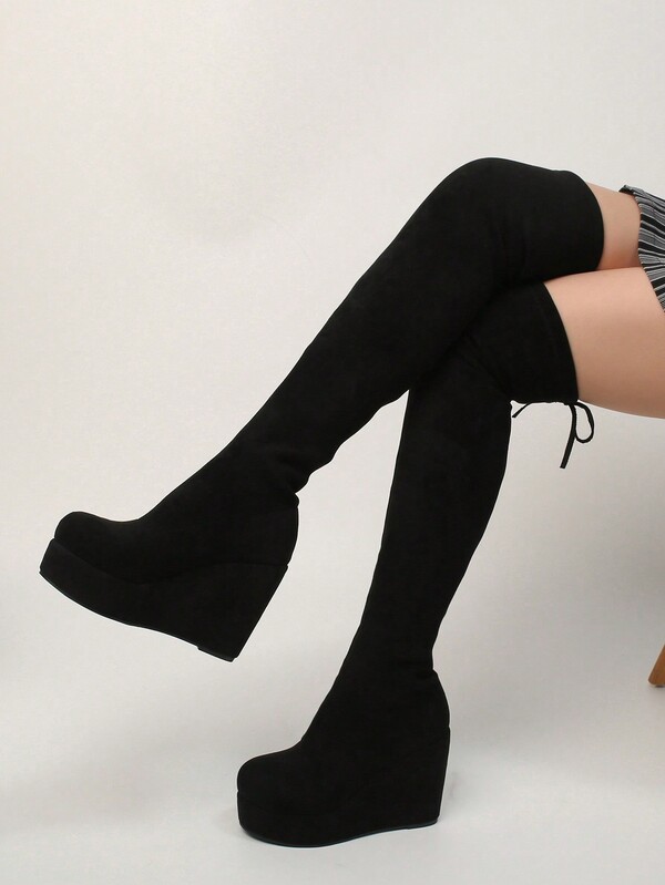 Women's Black Kneehigh Stretch Boots, Faux Suede With High Heels And