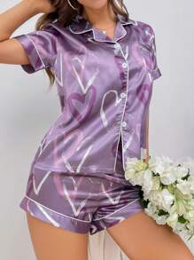Heart Print Contrast Piping Satin PJ Set / Pajama Set - Purple - View 5