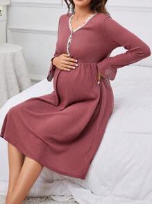 SHEIN Thai sản Trang trí ren Dệt kim Waffle Váy ngủ - Gỗ đỏ - Xem 4