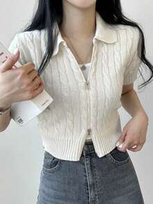 Áo khoác cardigan nữ tay ngắn trơn, kiểu dáng thường ngày, có khóa kéo đôi, màu trắng mùa hè. - trắng - Xem 4