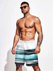 Surfspeed Men Plus Striped Graphic Print Drawstring Waist Swim Trunks Pool Shorts, For Beach, Vacation,Hawaiian - Multicolor - View 4