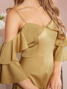 SHEIN Belle 挖肩荷葉邊高衩洋裝 - 棕色 - 查看 5