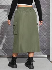 SHEIN EZwear Plus Flap Pocket Drawstring Waist Cargo Skirt - Army Green - View 3