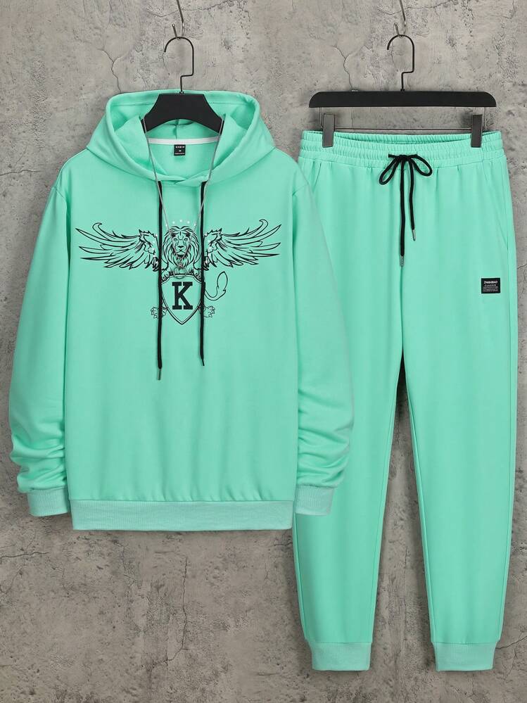 Manfinity LEGND 男士字母圖案抽繩連帽衫和運動褲 - 薄荷綠 - 查看 2
