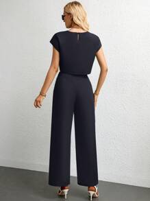 SHEIN Privé 素色蝙蝠袖短款上衣&闊腿褲 - 黑色 - 查看 2