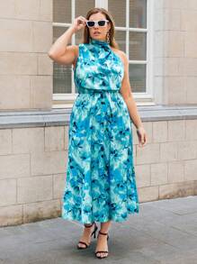 SHEIN Privé Plus Allover Floral Print Dress - Blue - View 1
