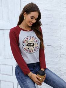 INAWLY Letter Graphic Raglan Sleeve Tee Graphic Tees Women Tops Fall Cloth For Women - Burgundy - View 1