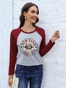 INAWLY Letter Graphic Raglan Sleeve Tee Graphic Tees Women Tops Fall Cloth For Women - Burgundy - View 7