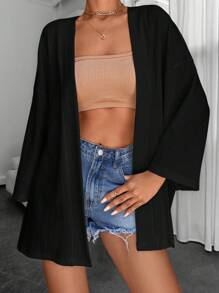 EURMUSE Solid Drop Shoulder Open Front Kimono, For Summer Beach Vacation - Black - View 1