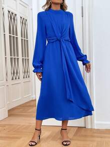 Chiquease Mock Neck Flounce Sleeve Knot Front Dress Fall Cloth For Women - Royal Blue - View 1