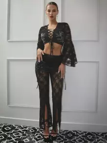 SHEINNeu Lace Up Front Split Hem Lace Pants - Black - View 1