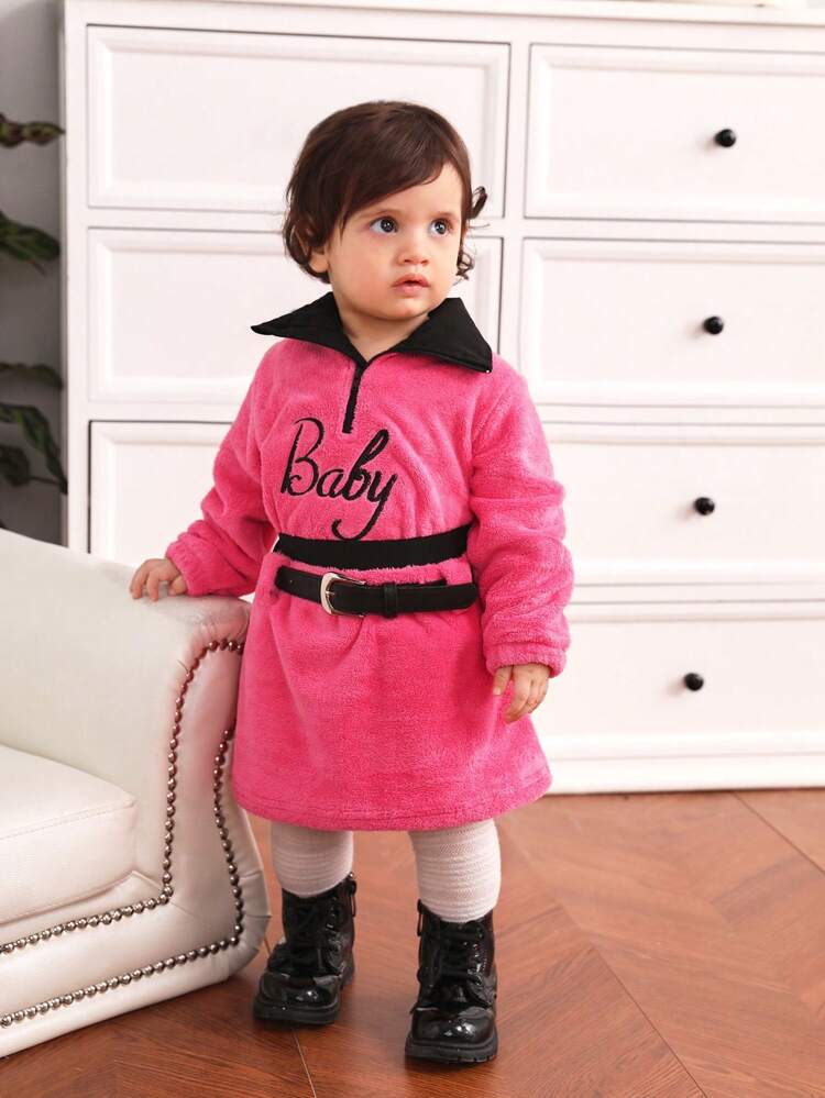 Baby Girl Letter Embroidery Contrast Collar Fuzzy Sweatshirt & Belted Skirt
