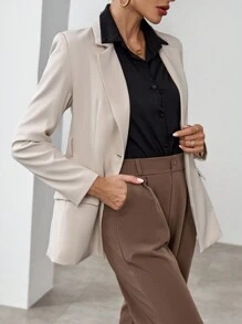 SHEIN Privé Lapel Neck Belted Blazer - Khaki - View 4